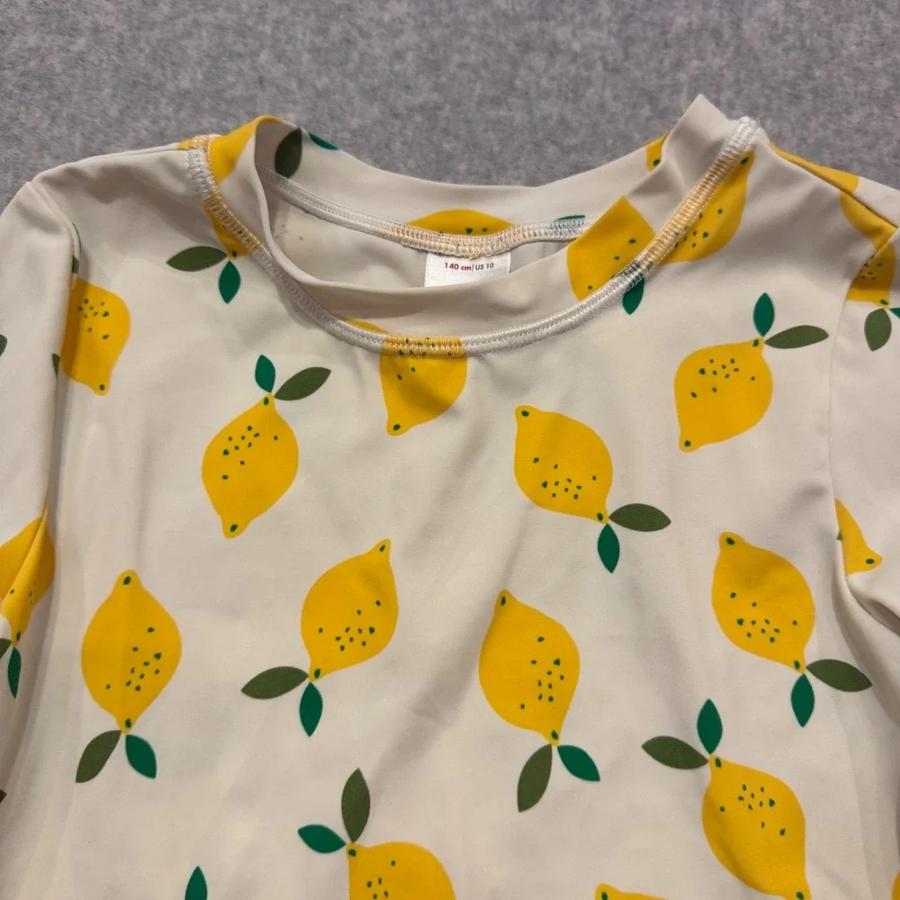 Hanna Andersson Kids Lemon Print Long Sleeve Rash Guard Swim Top Cream Size 10